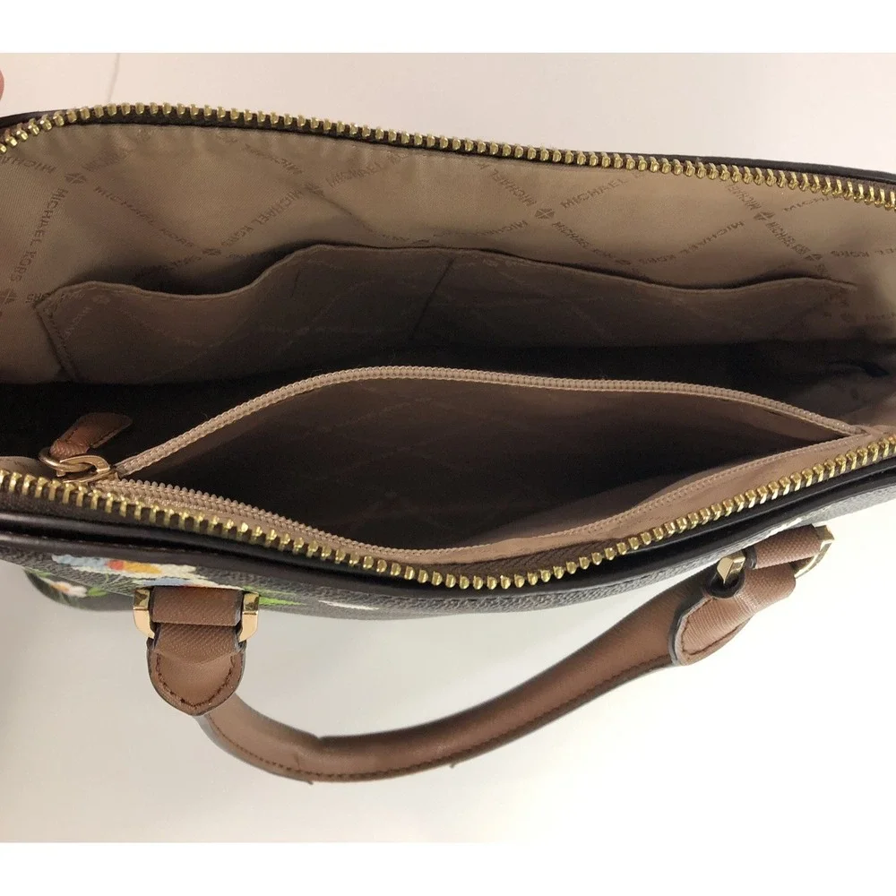 Michael Kors Cindy Dome Satchel‎ Brown White Blue Floral Handbag Purse MK Logo